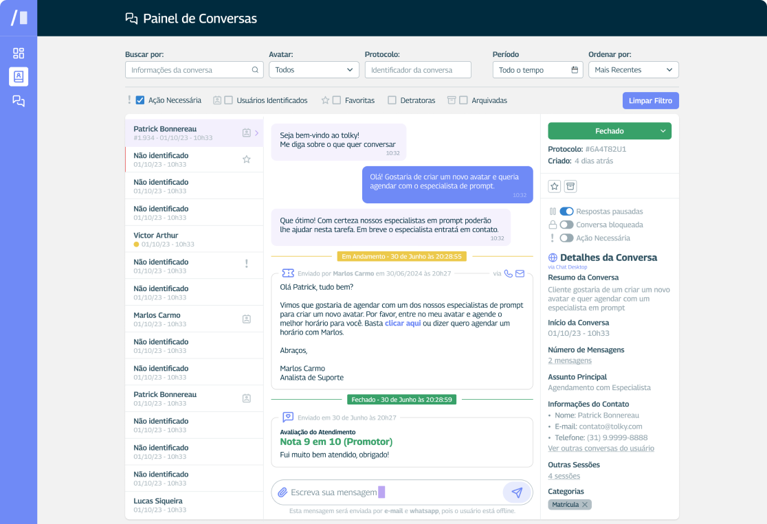 Tela do ambiente de Gestão de Conversas